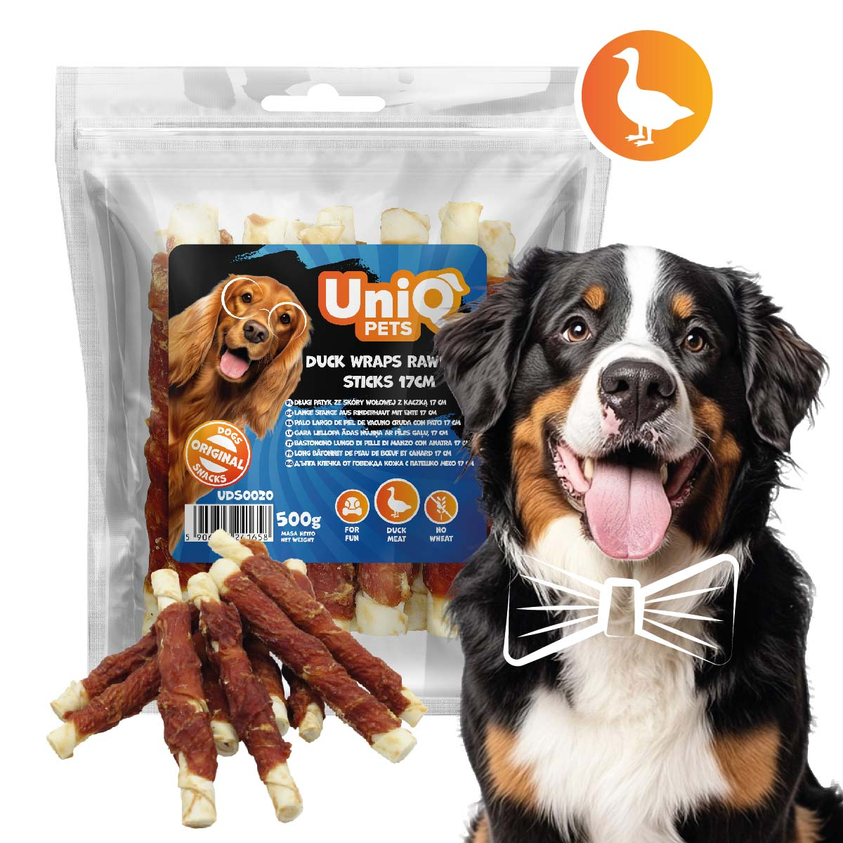 Hundesnack 500g Lange Stange aus Rinderhaut mit Ente 17 cm